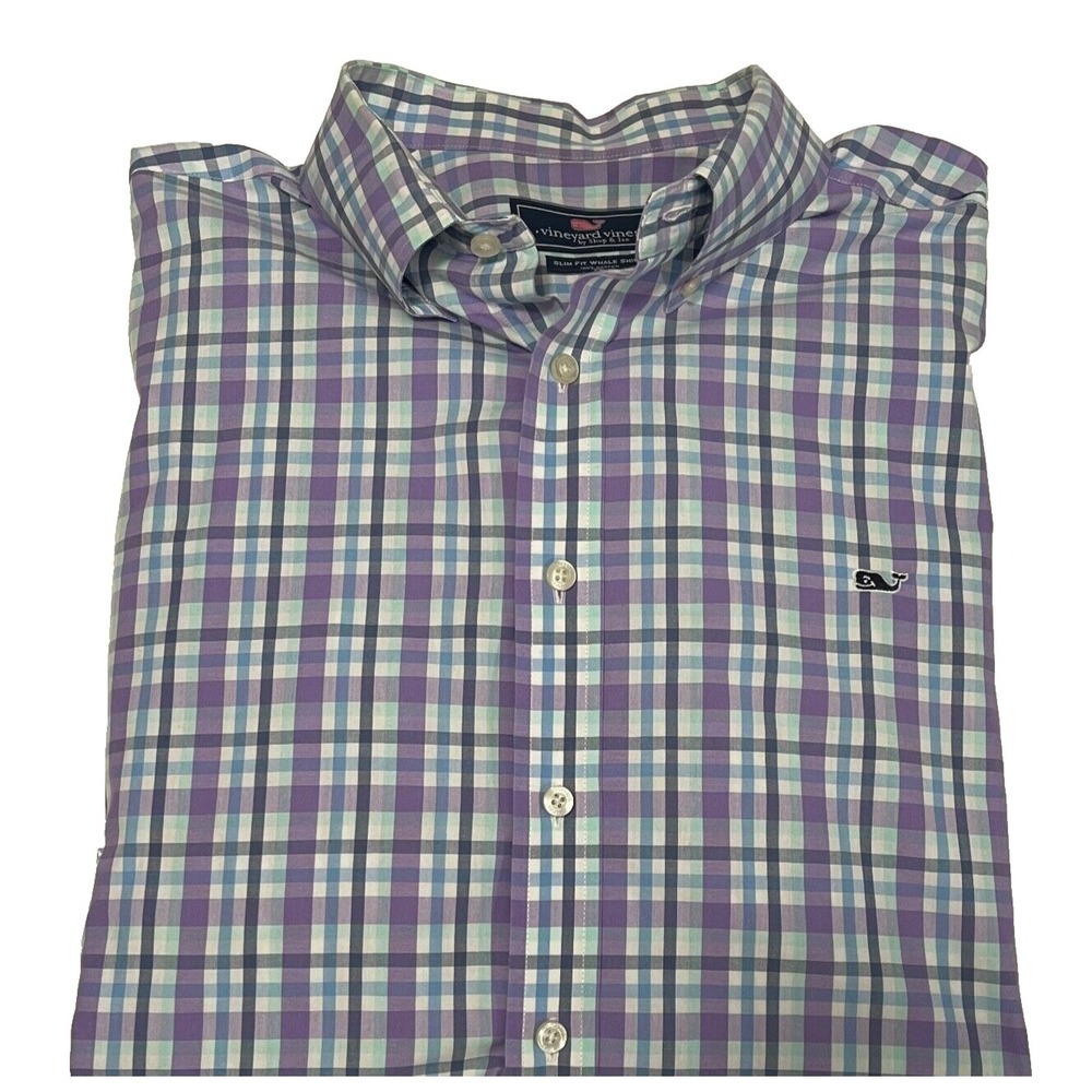 Vineyard Vines Whale Slim Fit Shirt Mens XXL Purple Blue Plaid Colorful Preppy